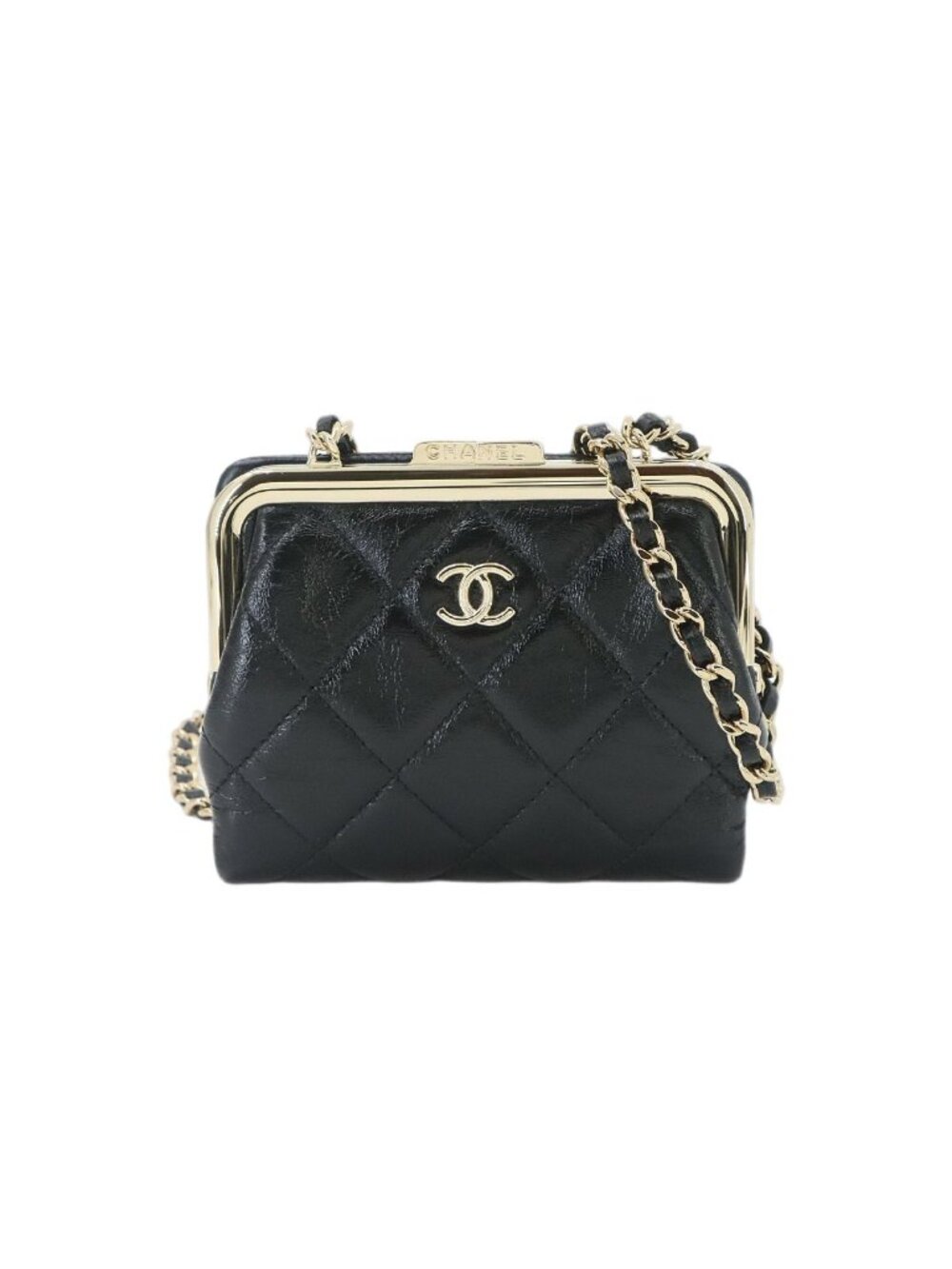 Chanel Quilted Kiss Lock Chain Wallet Leather Black Gold Shoulder